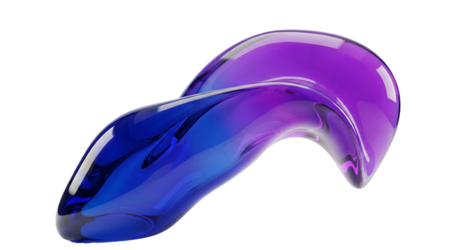 A vibrant abstract blue and purple glass sculpture, transparent background