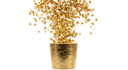 Popcorn falling into a golden cinema bucket, transparent background
