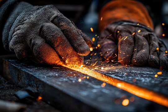Craftsman works with metal creating sparks during metal fabrication in a workshop setting
