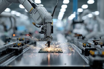 Robotic arm performing precise work on circuit board in high-tech manufacturing facility