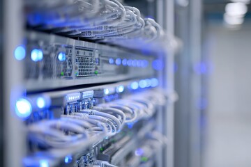 Modern data center with advanced server technology and connected network cables illuminating the workspace