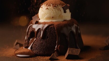  A rich molten chocolate lava cake topped with a scoop of vanilla ice cream, dusted with cocoa powder and surrounded by chunks of dark chocolate. - Powered by Adobe