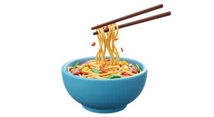 A cartoon bowl of ramen noodles held by chopsticks on transparent background