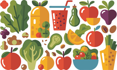 Flat Design Collection of Fruits and Vegetables for Healthy Eating and Nutrition
