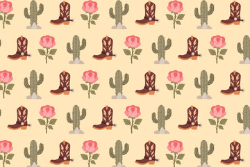 Western cowboy boot seamless pattern, with roses and cactuses, swatch available in swatches panel