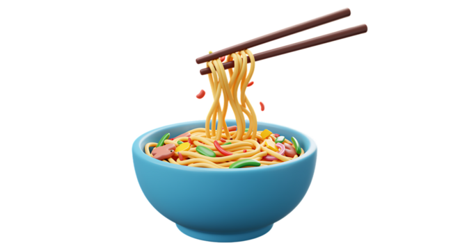 A cartoon bowl of ramen noodles held by chopsticks on transparent background