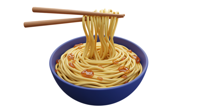 A bowl of golden noodles lifted by chopsticks on transparent background - Powered by Adobe