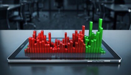 3D Bar Graph Emerging from Tablet Screen in Modern Office for Digital Data Visualization