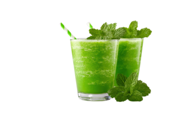 Refreshing Green Smoothie: Two glasses of invigorating green smoothies with fresh mint garnish, offering a healthy and vibrant drink perfect for refreshment. 