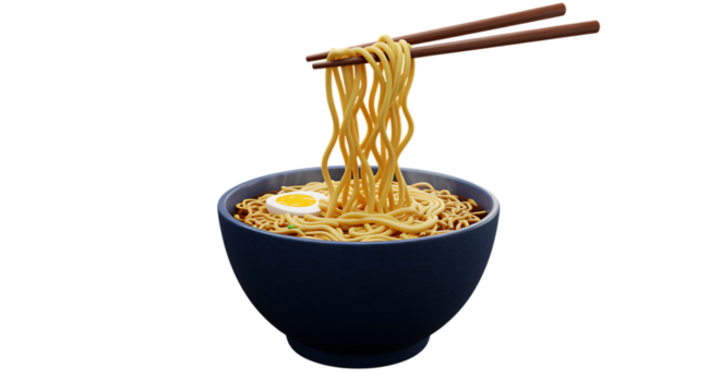 Ramen noodles in a blue bowl with an egg isolated on transparent background