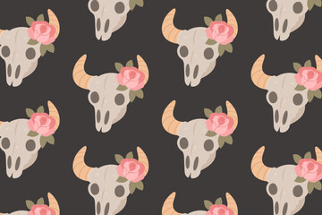 Western cattle skull seamless pattern, with flowers and horns, swatch available in swatches panel
