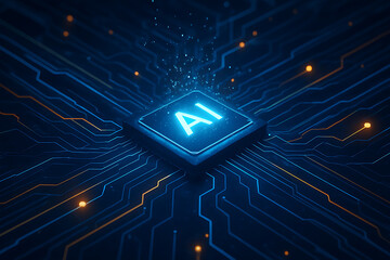 Futuristic glowing artificial intelligence processor microchip installed directly onto a dark blue electronic circuit board with bright energetic light trails symbolizing high-speed computation