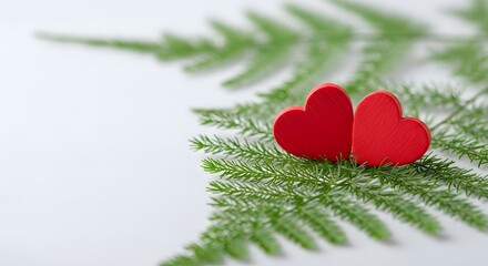 Two red hearts on green fern branch close up