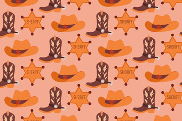 Western cowboy seamless pattern, with hats, boots and sheriff stars, swatch available in swatches panel
