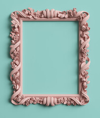 Classic frame with ornament decor in pastel pink color on pastel mint blue background