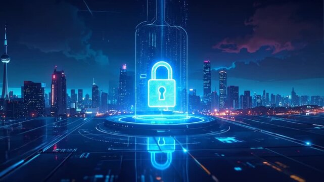 Digital Security Paradigm: Cityscape Illuminated by Virtual Fortress