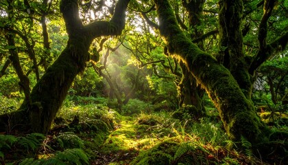 Sunlight streams through an old, moss-covered forest with a winding path in dappled light and overgrown foliage