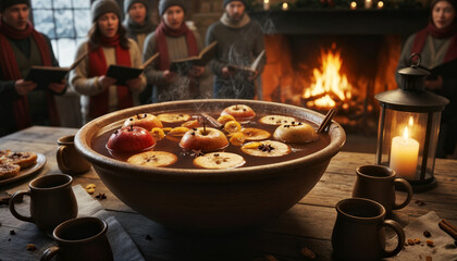 Cozy Winter Gathering: Mulled Cider and Carolers by the Fireplace. Wassailing traditional drink