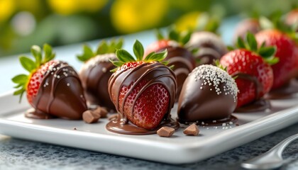 Chocolate-covered strawberries neatly arranged on a tray