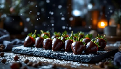 Chocolate-covered strawberries neatly arranged on a tray