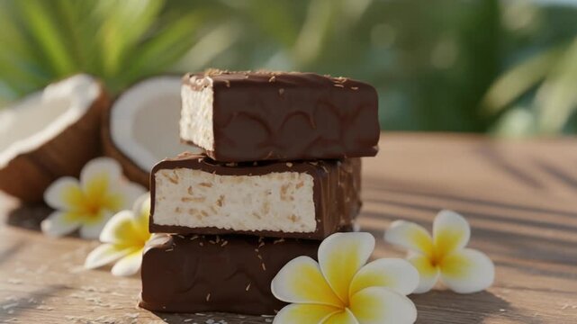 Tropical coconut chocolate bars stacked on a wooden surface, surrounded by plumeria flowers and soft sunlit palm shadows.
