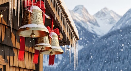 Golden christmas bells with red ribbons and snow hanging from a roof with icicles