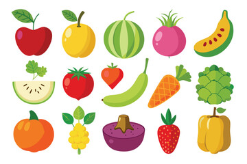 Diverse fruits and vegetables showcase an array of vibrant colors and simple, clean shapes