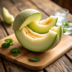Fresh Honeydew Melon Slices on Wooden Cutting Board with Mint