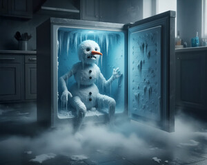 Snowman Survives Meltdown: Frosty Figure in Freezer Illuminates Winter Whimsy and Creativity