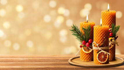 Warm Holiday Ambiance: Natural Bee Wax Candles with Festive Decorations on Rustic Wooden Surface