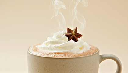 Steaming Hot Chocolate with Whipped Cream and Star Shaped Chocolate Garnish.Christmas and New Year concept