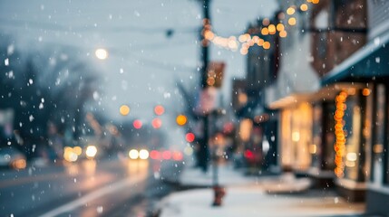 Winter street view with falling white snow, blurred city lights, street lamps, and lined shops and houses. Soft, wintry urban scene capturing snowy night, glowing lights and cozy neighborhood charm.
