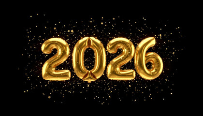 Golden 2026 Balloons with Sparkling Confetti on Black Background.Christmas and New Year concept