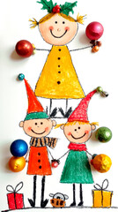 Whimsical Christmas Drawing with Festive Elves and Holiday Decorations. Christmas and New Year scene