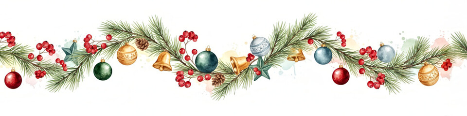 Festive Holiday Garland with Colorful Ornaments and Pine Branches for Christmas Decorations. Christmas and New Year banner
