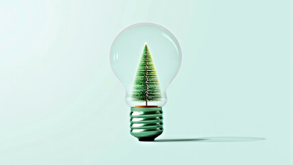 Creative Holiday Concept: Christmas Tree Inside Light Bulb on Minimalist Pastel Background.Christmas and New Year concept