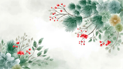 Floral and Pine Watercolor Winter Design for Holiday Cards and Invitations. Christmas and New Year Garland