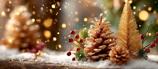 Festive Holiday Arrangement with Pinecones and Glittering Decor in Snowy Setting.Winter scene