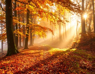 Sunlight streams through autumn trees, illuminating a path covered in fallen leaves during a serene, misty morning