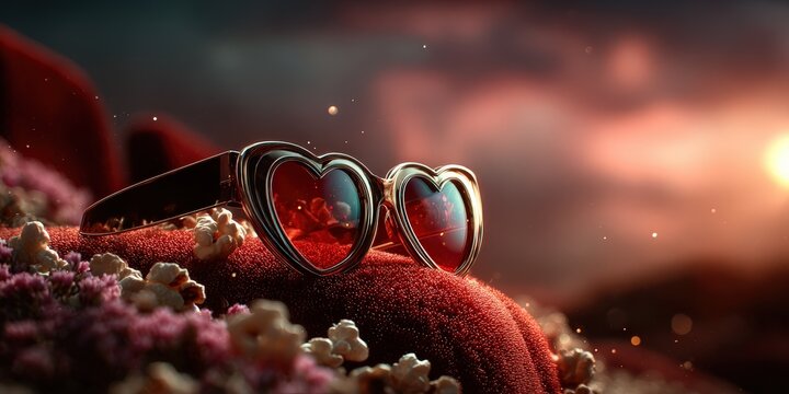 Large bucket of popcorn and sunglasse. The Movies Red sunglasses lying on popcorn with warm cinematic light - Powered by Adobe