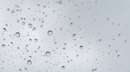 Rain drops on a wet glass window with abstract blue liquid texture and clear condensation droplets