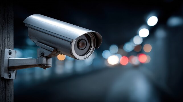 A close-up of a surveillance camera mounted on a wall, capturing blurred lights in the background, suggesting a focus on security and monitoring.