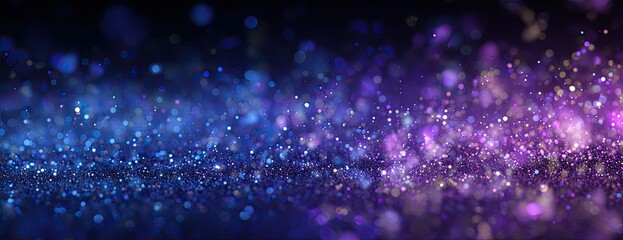 A vibrant cosmic display with sparkling blue and purple light particles against a dark backdrop