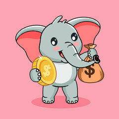 Cute Elephant Holding Gold Coin and Money Bag Vector Illustration Cartoon Design Kawaii