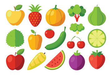 Flat fruits and vegetables featuring apple, strawberry, pumpkin, broccoli, and watermelon offer healthy variety
