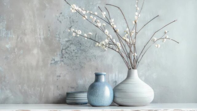 Vases with pussy willows on wooden table against textured wall