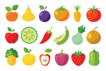 illustration shows multiple colorful fruits and vegetables, arranged with apples, bananas, tomatoes, and more