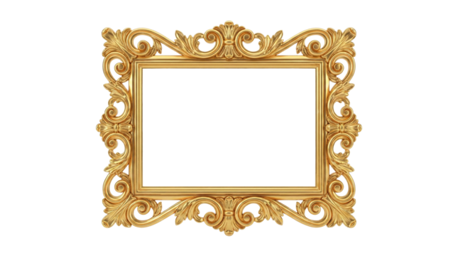 An ornate golden picture frame with, transparent background