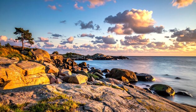 Sunset paints a rocky coastline with golden hues. Cumulus clouds fill the sky above serene ocean waters