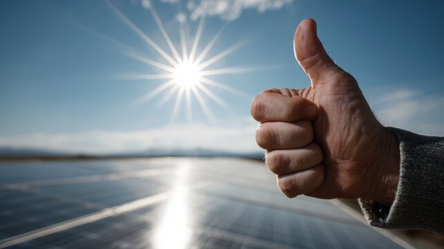 A hand gives a thumbs up against a backdrop of solar panels and a bright sun, symbolizing positivity and renewable energy.